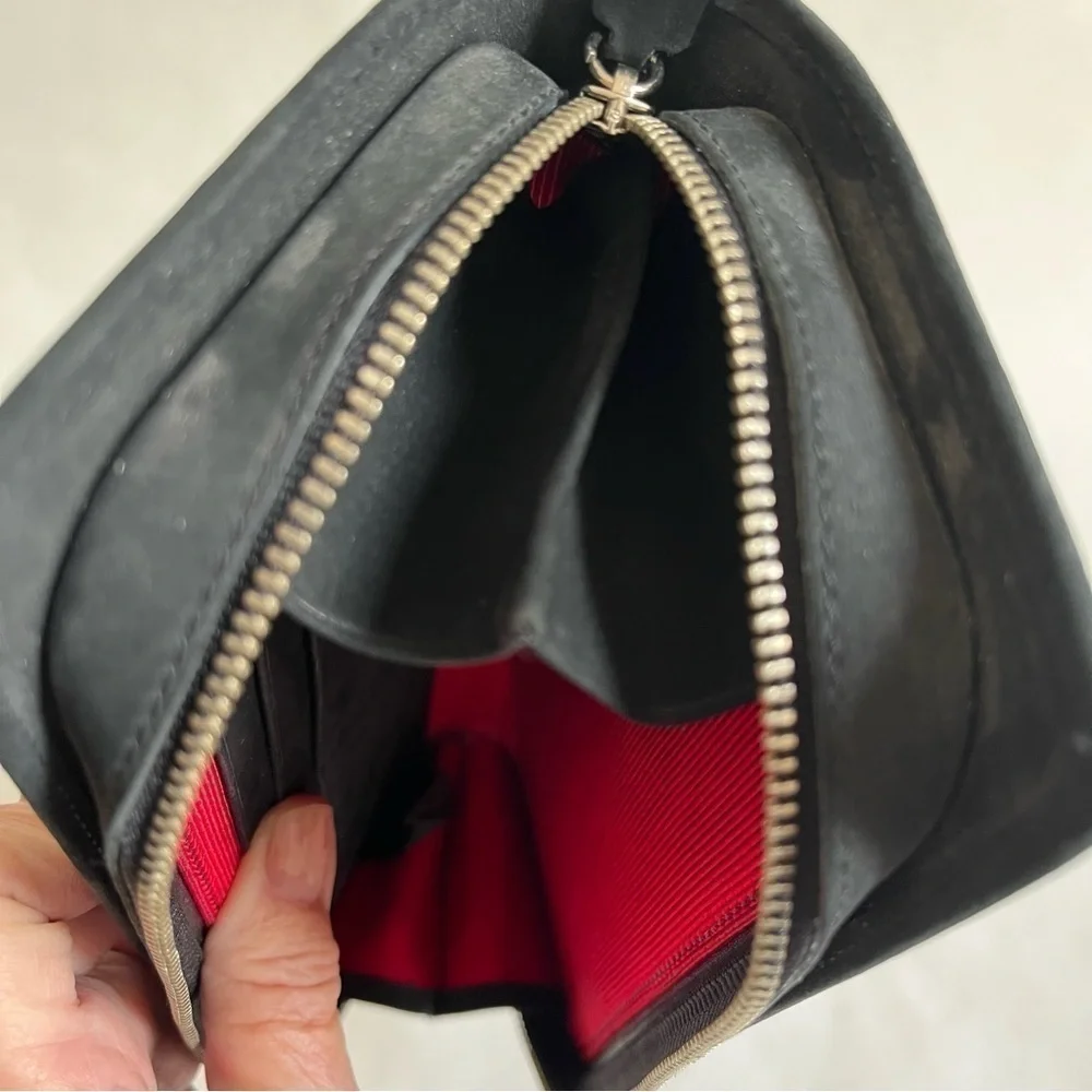 Ellen Tracy Clutch Bag Black Suede Pouch Purse Evening Zipper Red Lining Small